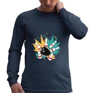 Unique Bowling Sports Gifts for Everyone Retro Pins and Bowling Ball Home Decoration Black and Muticolor Unisex Long Sleeve T Shirt