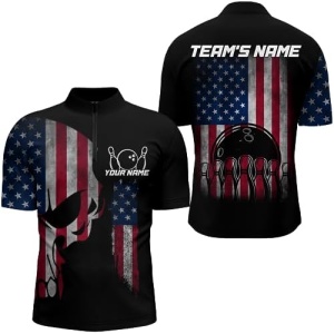 PIONAMZIOZ American Bowling Polo & Quarter-Zip Shirt for Men&Women Custom Skull Bowling Jersey Bowling Team QZT42