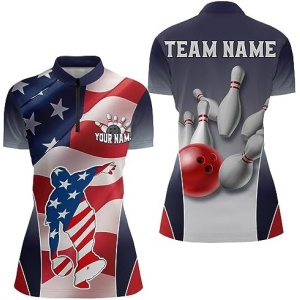PIONAMZIOZ American Flag Bowling Polo & Quarter-Zip Shirt Custom Bowling Jersey for Men and Women Bowling Team League QZT55
