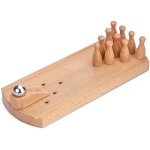 Ajuny Tabletop Mini Bowling Game Set - Wooden Bowling Game with Base, 10 Bowling Pins, Ramp, Steel Ball - Fun Indoor/Outdoor Game for Adults and Kids - Portable Home Office Desk Game Toys Gift Set
