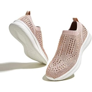 BELOS Women's Rhinestone Mesh Slip On Walking Shoes Fashion Breathable Spakle Glitter Sneaker