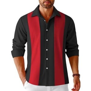 COOFANDY Men's Vintage Bowling Shirt Casual Long Sleeve Button Down Retro Shirts