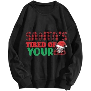 Casual Christmas Santa'S Tired Of Your Letter Santa Hat Print Long Sleeved Round Neck Loose Hoodies Ladies Athletic Tops