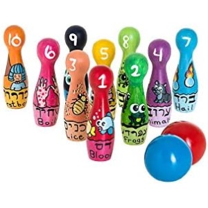 Copa Judaica Ten Little Wooden Bowling pins plagues for Passover- Each of The Ten pins symbolizes one of The plagues- Two Sturdy Wooden Bowling Balls -Handcrafted and Handpainted