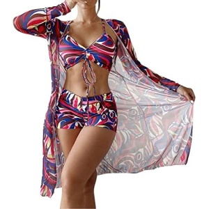 FAMOORE 3 Piece Swimsuits for Women High Waist Bikinis 2022 Sexy 3 Piece Bikini Set Cover Up Womens 1 Piece Swimsuits Plus Size