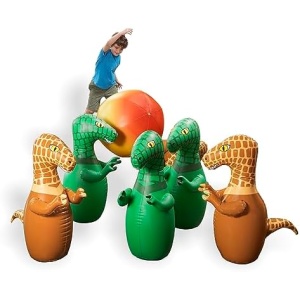 Hearthsong Giant Inflatable Dinosaur Bowling Set, 6 Large Dino 12½”W x 30”H Pins, 1 Colorful 20” diam. Ball, Vinyl Repair Patch Kit Included, Ages 4 and Up