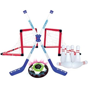 Hover Hockey, Soccer, Bowling 3-in-1 Sports Set! Safe Indoor Game, 6 Bowling Pins, 2 Hockey Sticks, 2 Goals, 1 Hover Disk, Glides on Any Smooth/Flat Surface, Indoors or Outdoors, Multicolored