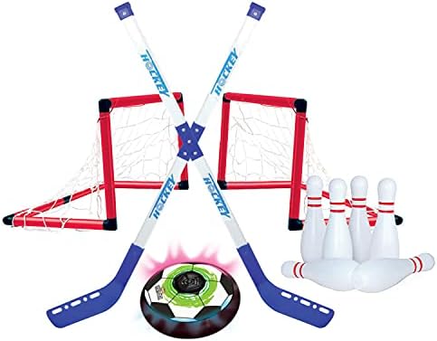 Hover Hockey, Soccer, Bowling 3-in-1 Sports Set! Safe Indoor Game, 6 Bowling Pins, 2 Hockey Sticks, 2 Goals, 1 Hover Disk, Glides on Any Smooth/Flat Surface, Indoors or Outdoors, Multicolored 1 Hover Hockey, Soccer, Bowling 3-in-1 Sports Set! Safe Indoor Game, 6 Bowling Pins, 2 Hockey Sticks, 2 Goals, 1 Hover Disk, Glides on Any Smooth/Flat Surface, Indoors or Outdoors, Multicolored