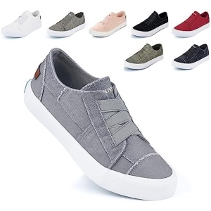 JENN ARDOR Women's Stylish Slip On Sneakers No Laces Elastic Low Top Canvas Sneakers Trendy Flats Comfortable Casual Walking Shoes