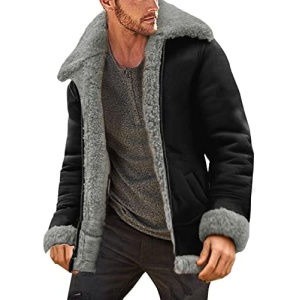 JUNGE 2023 Men's Shearling Leather Jacket Faux Suede Sherpa Lined Winter Thicken Overcoat Warm Lapel Sheepskin Outwear Coat
