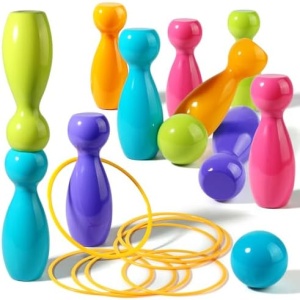 Kids Bowling Set Includes 10 Plastic Pins & 2 Balls & 8 Circles, Ring Toss Game for Kids, Stacking Toys for Toddlers 1-3, 3 in 1 Toddler Indoor Outdoor Games, Educational Birthday Gifts for Boys Girls