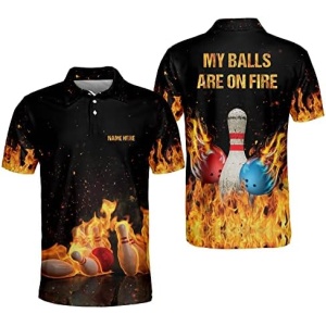 LASFOUR Personalized Flame Bowling Shirts, Funny Bowling Shirts for Men, Bowling Team Shirts, Short Sleeve Polo Shirts.