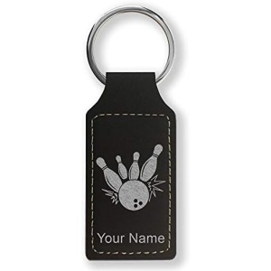 LaserGram Rectangle Keychain, Bowling Ball and Pins, Personalized Engraving Included (Black with Silver)