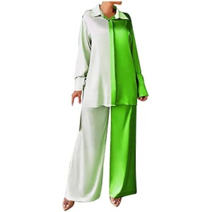 Long Sleeve T Shirts for Women Deep V Turtle Neck Silk Faux Chiffon 2 Piece Flare Wide Leg Tops Shirts Women 2023