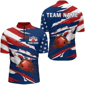 PIONAMZIOZ American Flag Bowling Polo&Quarter-Zip Shirt Custom Bowling Jersey for Men&Women Bowling Team League QZT93