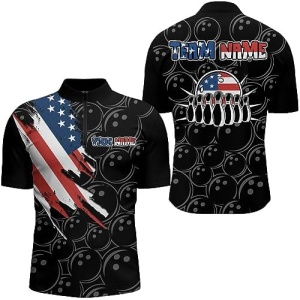 PIONAMZIOZ American Flag Bowling Shirt Team League Custom Bowling Shirt Men & Women Bowling Polo & Quarter-Zip Shirt BDT91