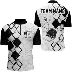 PIONAMZIOZ Black & White Bowling Shirt Custom Bowling Team Jersey League Bowling Polo & Quarter-Zip Shirt QZT124