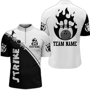 PIONAMZIOZ Black and White Bowling Shirt for Men Women Custom Bowling Team Jersey Bowling Polo&Quarter-Zip Shirt QZT84