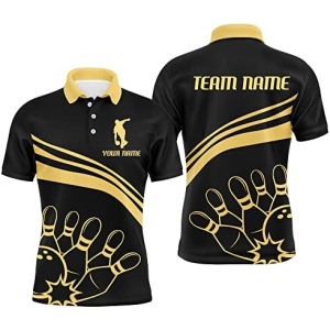 PIONAMZIOZ Black&Gold Bowling Shirt Men and Women Custom Bowling Jersey Bowling Team League Polo&Quarter-Zip Shirt BDT14