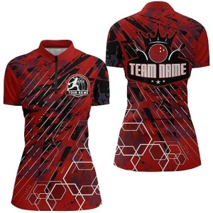 PIONAMZIOZ Black&Red Bowling Shirt Men and Women Personalized Bowling Team Jersey Bowling Polo and Quarter-Zip Shirt BDT62