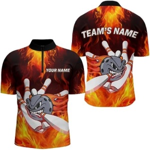 PIONAMZIOZ Custom Funny Bowling Shirt Flame Bowling Jersey Men & Women Bowling Polo & Quarter-Zip Shirt Team League BDT80