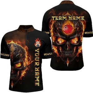 PIONAMZIOZ Custom Skull Bowling Shirt for Men & Women Flame Bowling Team League Jersey Bowling Polo&Quarter-Zip Shirt BDT70