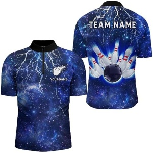 PIONAMZIOZ Navy Bowling Shirt for Men & Women Lightning Thunder Bowling Team Jersey Bowling Polo & Quarter-Zip Shirt BDT68