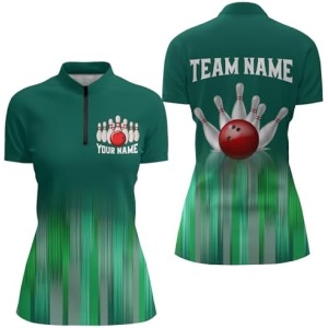 PIONAMZIOZ Personalized Bowling Polo & Quarter-Zip Shirt, Bowling Team League Green Bowling Shirt for Men & Women QZT151