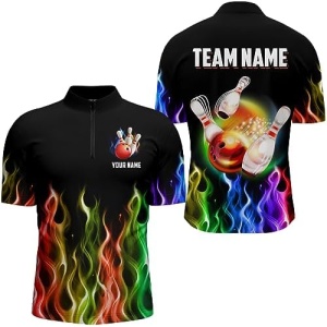 PIONAMZIOZ Rainbow Flame Bowling Jersey Men & Women Personalized Bowling Team Jersey Bowling Polo & Quarter-Zip Shirt BDT58