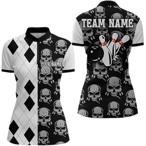 PIONAMZIOZ Skull Bowling Jersey Team League Custom Black Bowling Shirt Men & Women Bowling Polo & Quarter-Zip Shirt BDT90