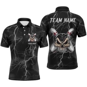 PIONAMZIOZ Skull Bowling Shirt Men&Women Bowling Jersey Team League Lightning Thunder Bowling Polo&Quarter-Zip Shirt BDT78