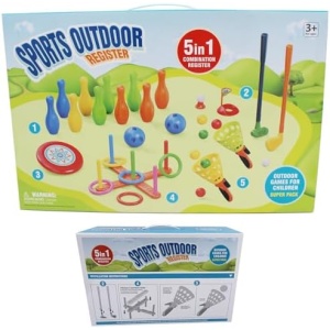 Sports Outdoors Fun Set 5 Combo- Backyard, Beach,Camping Games for Kids - Bowling Set with 10 Bowling Pins & 2 Balls,Flying Disc,Ring Toss,Golf,Pop Pass Catch Ball Game with 6 Balls & 2 Catch Launcher