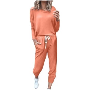 Women Solid Two-piece Sets Loose Long Sleeve Crewneck Tops Casual Elastic Drawstring Pants Fall Daily Sweatsuit