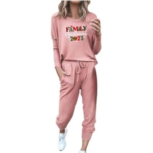 Women's Christmas Two Peice Tracksuit Set Holiday Print Long Sleeve Pullover Shirt Pants 2 Peice Sportsuit Outfit