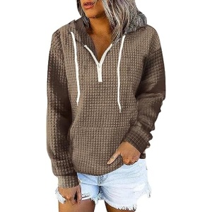 Women's Half Zip Up Waffle Hoodie 2023 Fashion Long Sleeve Solid Drawstring Tops Casual Daily Loose Fit Sweatshirt