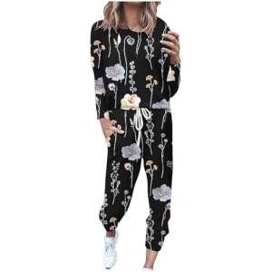 Women's Two Peice Outfit Set COlor Patchwork Floral Pullover Shirt Long Pockets Drawstring Pants Sports Tracksuits