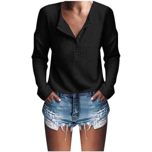 Womens Waffle Knit Tunic Tops Dressy Long Sleeve Henley Shirts Casual V Neck Button Down Blouse Fashion Solid Color Tops