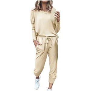 kcdigr Fall Outfits Women Trendy Sweatsuit 2 Piece Plus Size Crewneck Sweatshirts and Sweatpants Sets Casual Solid Tracksuit